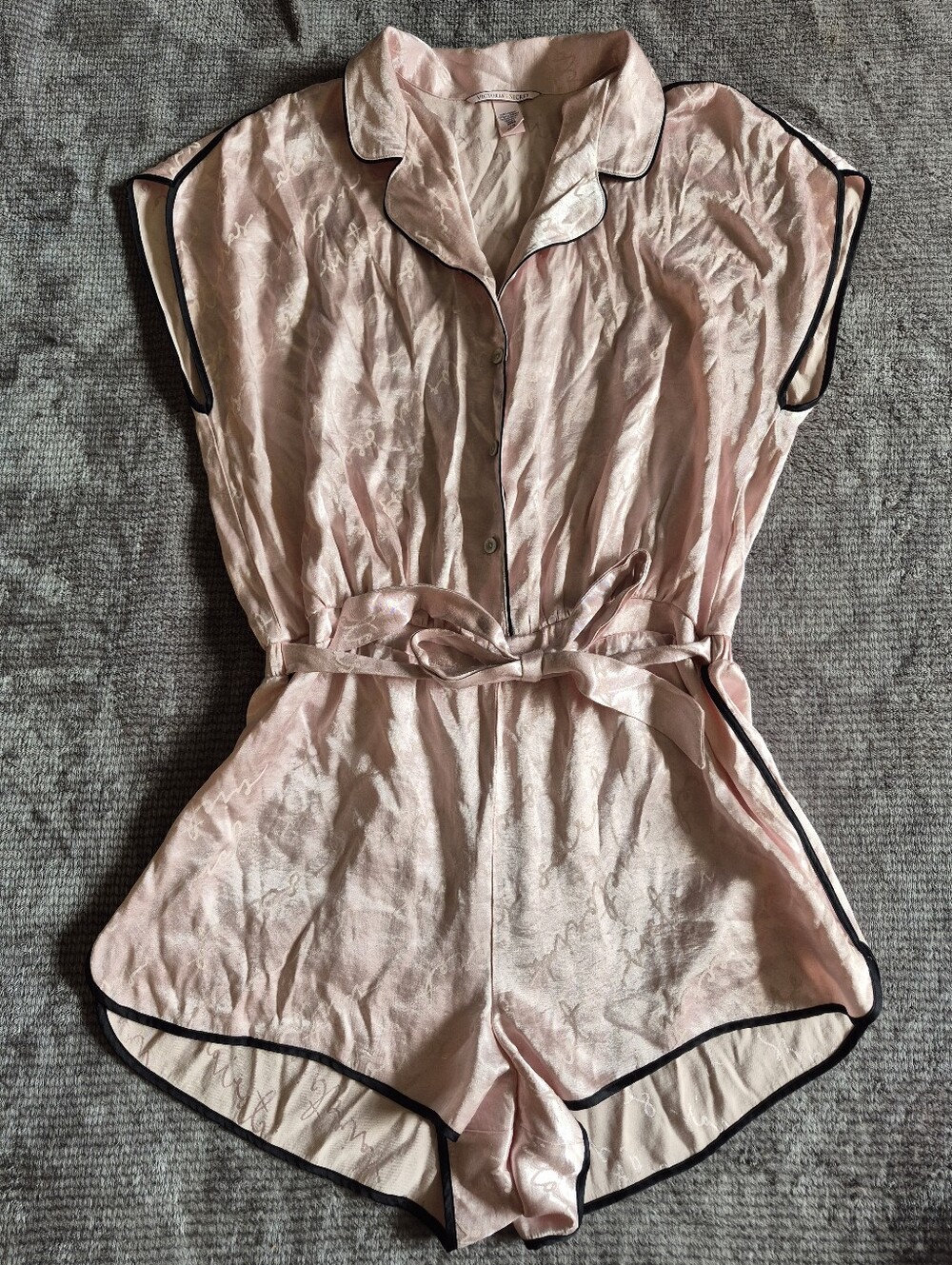 Victoria's Secret Satin Logo Romper Pink Size large tie waist romantic